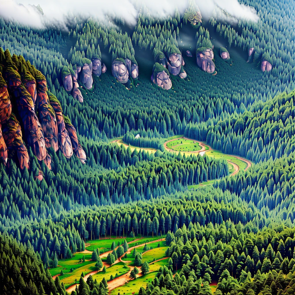 a lush pine forest with a bird's eye view, misty atmosphere, photorealistic 4k quality, intricate details, serene landscape, vibrant colors, natural lighting, tranquil setting, dramatic shadows, atmospheric fog, towering trees, dense foliage, winding trails