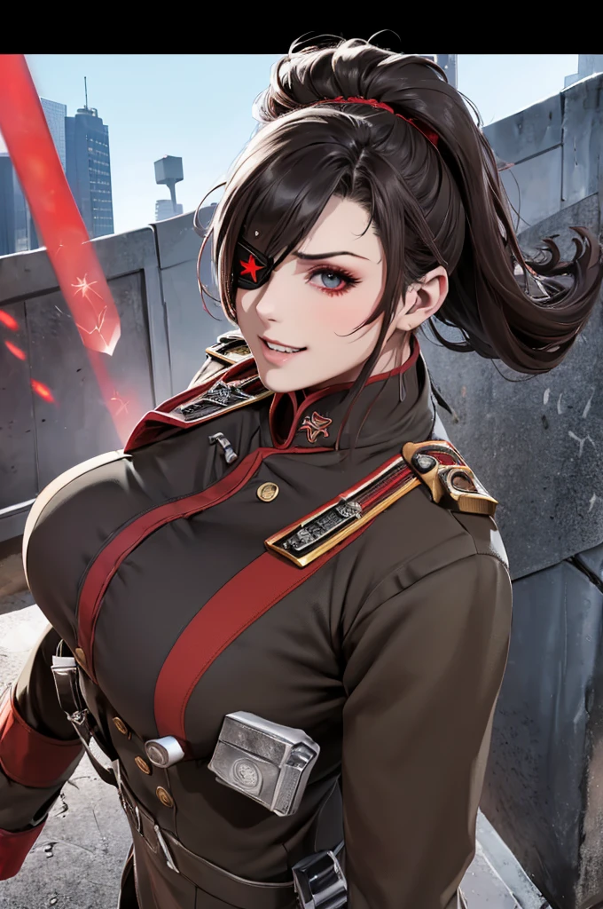 (1 beautiful woman)、(Very huge muscles)、(Unusually large muscles)、(Red cyberpunk military uniform all over the body:1.3)、(Red aura emanating from clothes:1.5)、(Military equipment:1.2)、(White hair)、(an eye patch:1.3)、(30-years old)、(confident grin:1.2)、(Dark hair)、(Top image quality)、(8K picture quality)、(masutepiece)、(Full body photo:1.3)、cinematric light, Cinema Shadow, Sharp Image, Extremely detailed,、beautiful effects, Muted colors, Highly detailed image textures, detailed hairs, Detailed face, Detailed eyes, Full body photo、Highly detailed image textures, detailed hairs, Detailed eyes、
