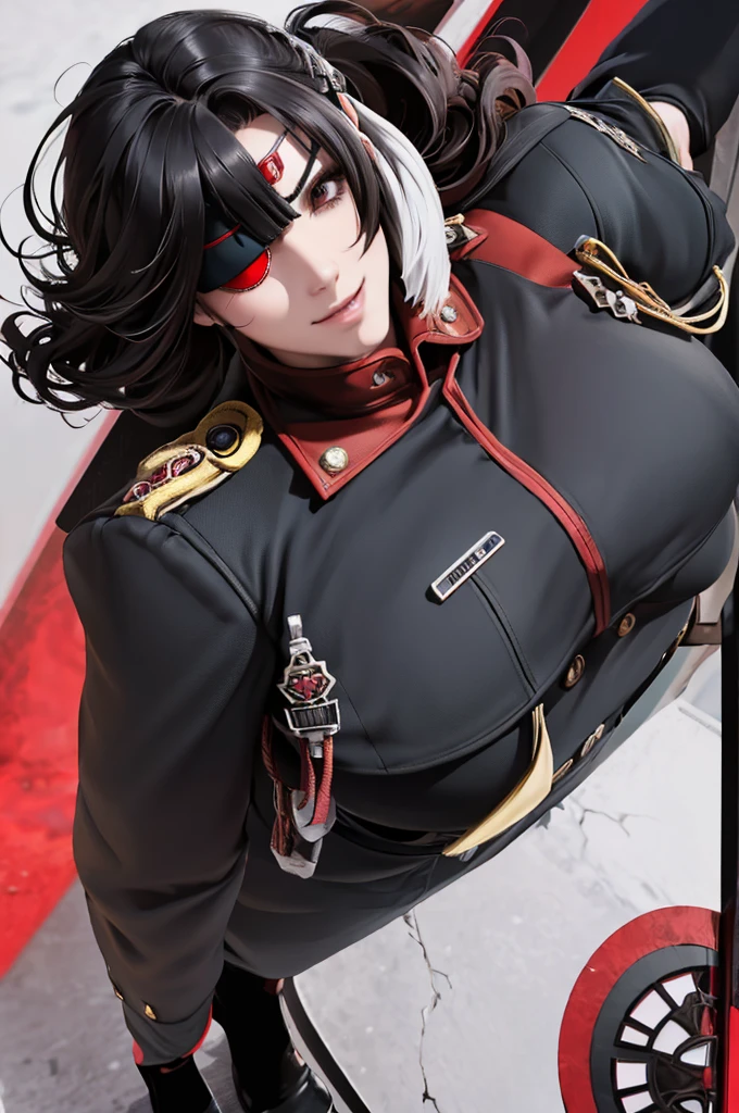 (1 beautiful woman)、(Very huge muscles)、(Unusually large muscles)、(Red cyberpunk military uniform all over the body:1.3)、(Red aura emanating from clothes:1.5)、(Military equipment:1.2)、(White hair)、(an eye patch:1.3)、(30-years old)、(confident grin:1.2)、(Dark hair)、(Top image quality)、(8K picture quality)、(masutepiece)、(Full body photo:1.3)、cinematric light, Cinema Shadow, Sharp Image, Extremely detailed,、beautiful effects, Muted colors, Highly detailed image textures, detailed hairs, Detailed face, Detailed eyes, Full body photo、Highly detailed image textures, detailed hairs, Detailed eyes、
