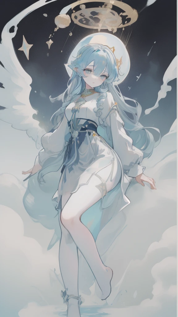 ((SFW:1)), sfw clothes, (best quality,4k,8k, high res,masterpiece:1), ((masterpiece)), (((best quality))), slightly muted colors, hair color, hairstyle fax, eyes, clouds, flowy hair, stars in hair, adult, starry eyes, sea, ocean, celestial, hairstyle fax, deity, muted blue hair, sky-like hair with stars, ocean hair, soft smile, (({comforting aura})) (((abstract:0.7, melting elements from the painting, ghostly, transparent))), angels, luminous, bright character, ghostly luminous character, siren, mesmerizing siren, longing, ((so full of feelings)), ((({divine goddess, divine poses, bringing comfort and compassion, full body poses, godly painting and divine style}:0.9)))
iridescent hair:0.6, beautifully painted, intricately detailed in such a way that enhances the feel of the artwork, focusing on the details of face and overall silhouette, super focus on the eyes and overall expression
