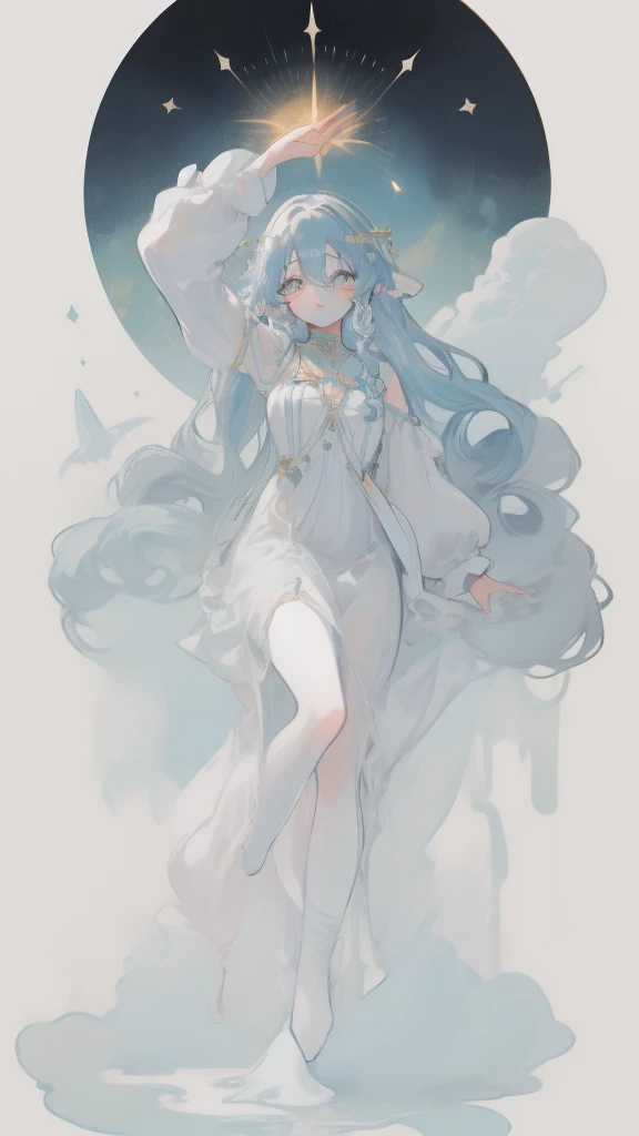 ((SFW:1)), sfw clothes, (best quality,4k,8k, high res,masterpiece:1), ((masterpiece)), (((best quality))), slightly muted colors, hair color, hairstyle fax, eyes, clouds, flowy hair, stars in hair, adult, starry eyes, sea, ocean, celestial, hairstyle fax, deity, muted blue hair, sky-like hair with stars, ocean hair, soft smile, (({comforting aura})) (((abstract:0.7, melting elements from the painting, ghostly, transparent))), angels, luminous, bright character, ghostly luminous character, siren, mesmerizing siren, longing, ((so full of feelings)), ((({divine goddess, divine poses, bringing comfort and compassion, full body poses, godly painting and divine style}:0.9)))
iridescent hair:0.6, beautifully painted, intricately detailed in such a way that enhances the feel of the artwork, focusing on the details of face and overall silhouette, super focus on the eyes and overall expression