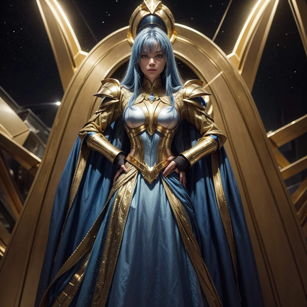 Lineage of bluish Leonian extraterrestrial multidimensional being wearing golden armor