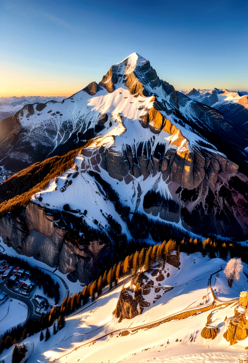 At the moment of clear skies after snowfall, Mount Beck is dyed golden by the sunrise, presenting a peaceful and spectacular winter scenery with a clear sky as the background, panoramic view, Photography, award-winning, cinematic still, emotional, vignette, dynamic, vivid, (masterpiece, best quality, Professional, perfect composition, very aesthetic, absurdres, ultra-detailed, intricate details:1.3)