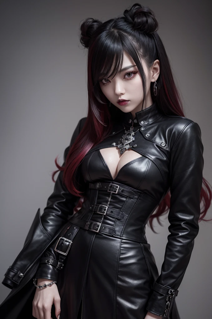 Aryana "Ary" Zhu has a striking and characteristic appearance. She looks , despite his real age being 544 years. Your skin is pale, contrasting with his intense amber eyes. Your hair is wavy, with red highlights that highlight your presence even more. as a vampire, your eyes can turn black and your fangs extend, giving it an even more menacing appearance. Ary has a gothic and mysterious aesthetic, often wearing black and red clothing, corsets and leather jackets. She also likes accessories that complement her style., like pantyhose and jewelry with gothic details.