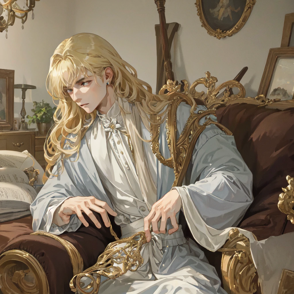 masterpiece, 1 boy, face up close, high quality, 8K, Ultra HD, actor, Curly long blonde hair, baggy clothes