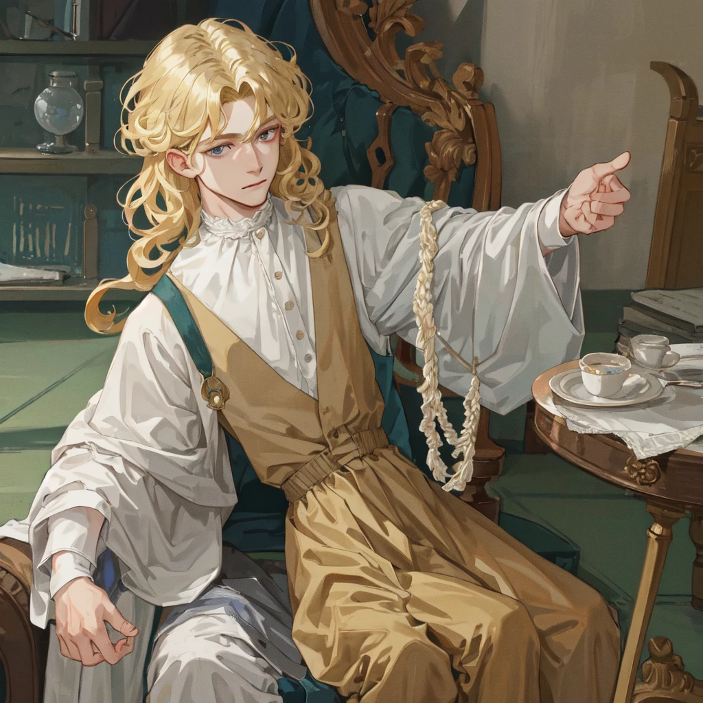 masterpiece, 1 boy, face up close, high quality, 8K, Ultra HD, actor, Curly long blonde hair, baggy clothes