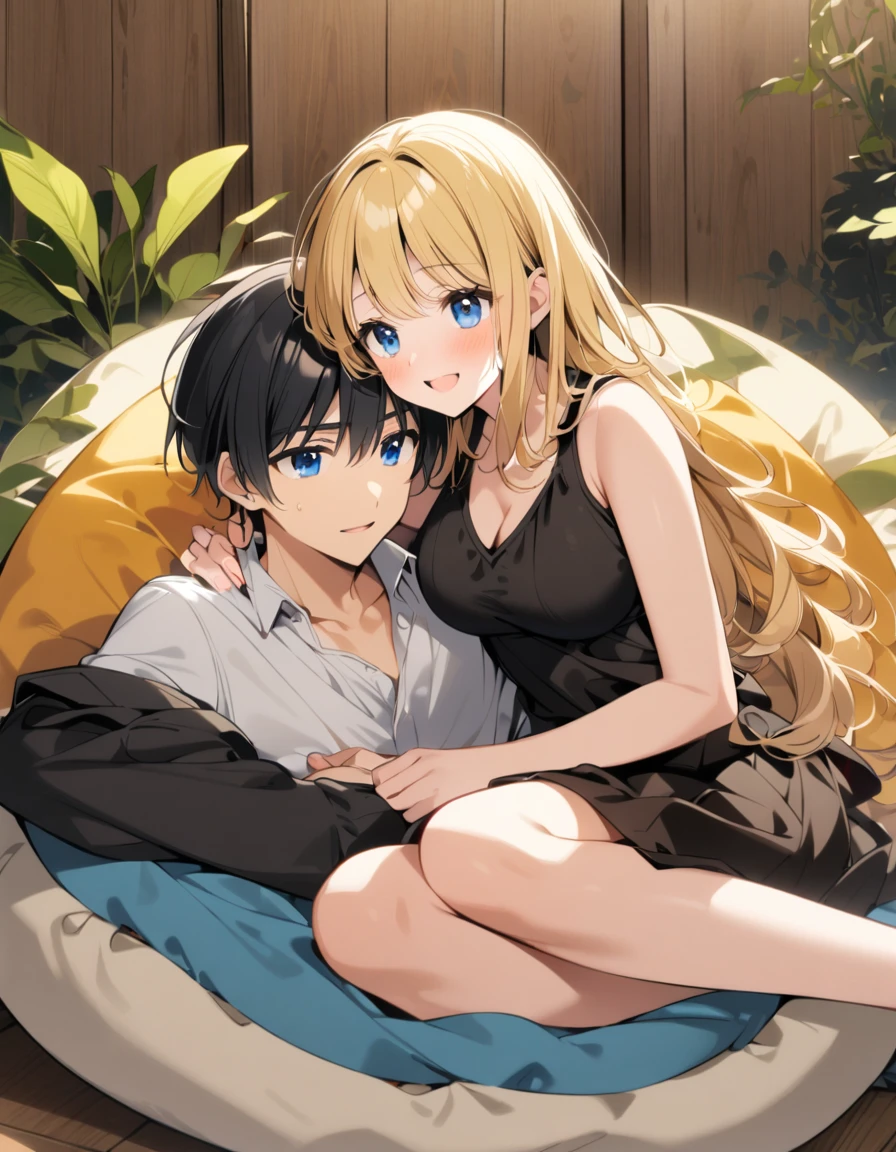 big sis embrasing beacuse her brother sleep on his lap