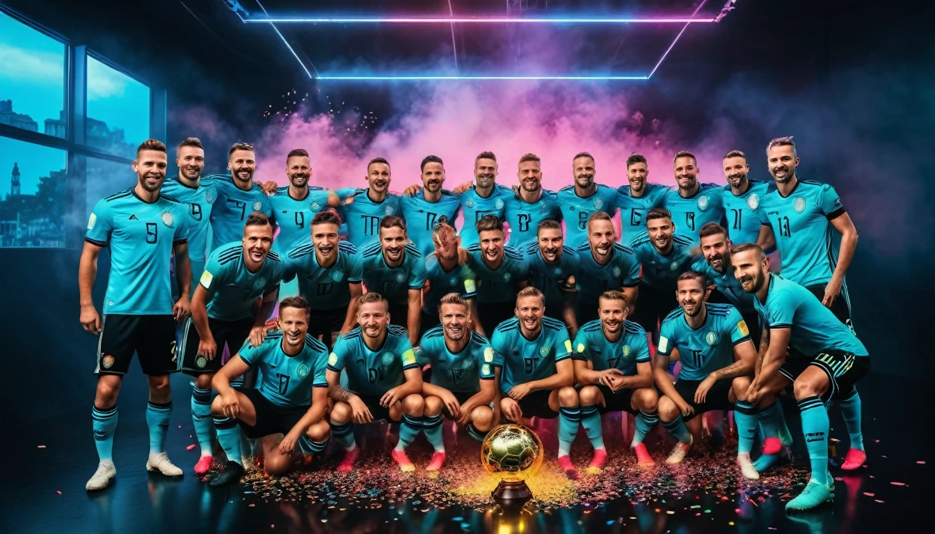 German football team wins euro cup 2024 photo session in dark colorful neon light studio, glass room, euro 2024 trophy, confetty explossion, cinematic lighting, smoke, football photorealistic, sport photography, wide view, dynamic angle, ultra highly detailed, dramatic moment