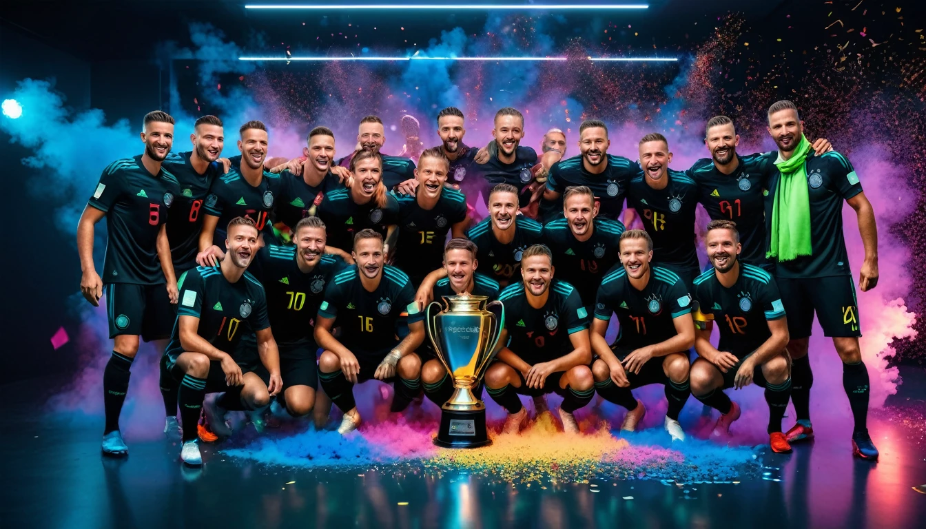 German football team wins euro cup 2024 photo session in dark colorful neon light studio, glass room, euro 2024 trophy, confetty explossion, cinematic lighting, smoke, football photorealistic, sport photography, wide view, dynamic angle, ultra highly detailed, dramatic moment