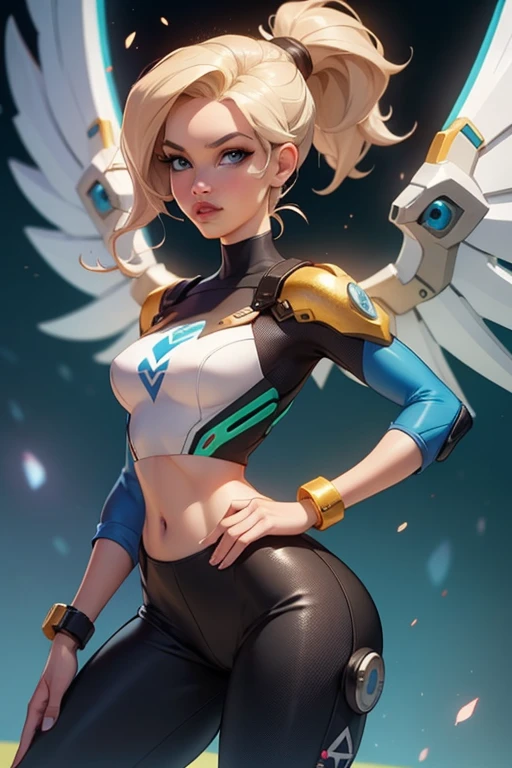 1 girl,(solo), (cowboy shot:1.4), (masterpiece:1.2), (best quality:1.2),looking at viewer,dynamic pose, (ultra detailed),realistic, perfect eyes,blue eyes,short blonde hair,high short ponytail,Mercy/(Overwatch/),double wings, leggings,crop top,