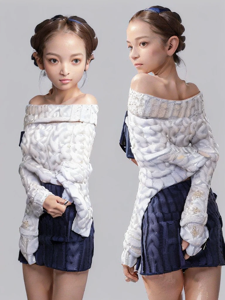 16k, one 22 year old Japanese woman, (white off-the-shoulder long knit sweater: 1.8), (plain navy blue super mini skirt: 1.8), very beautiful and small face with symmetry, (small face with 9 heads: 1.8), big and beautiful eyes, beautiful and large breasts that are firm and not saggy, bare collarbone, bare sloping shoulders, deep cleavage, (super long and shiny straight hair that reaches down to the waist: 1.8), (brown hair: 1.8), (long and slender beautiful legs: 1.8), (staring at the viewer with beautiful eyes with a look of genuine fascination: 1.8), (definitely the only one in the photo: 1.8), (one girl: 1.8), (no anatomical abnormalities: 1.8), (only one person in the photo: 1.8), (one girl: 1.8),