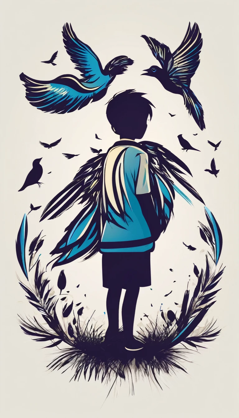 Create a simple, modern logo design of a boy lost in a head full of feathers and birds.