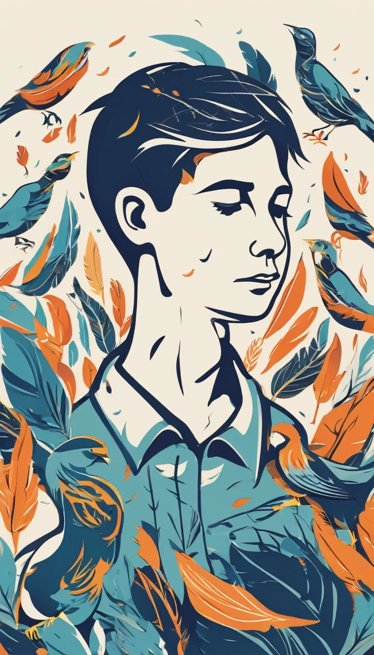 Create a simple, modern logo design of a boy lost in a head full of feathers and birds.