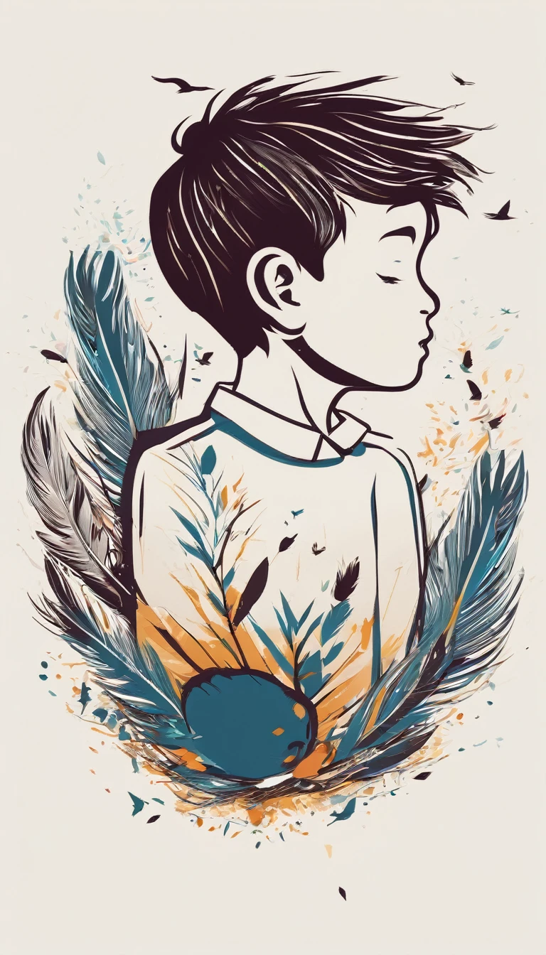 Create a simple, modern logo design of a boy lost in a head full of feathers and birds.