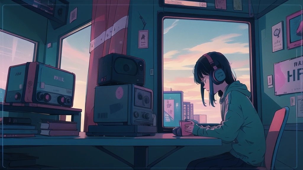 Pretty Anime Girl Lofi Alone, sitting at a table with headphones, sunset, , a book, Lofi Girl, Art Lofi, Null Art Style, Lofi Sensation, portrait of lofi, Lofi Colors, null, lo-fi art, Lofi Vibes , Lofi atmosphere, Lofi hip hop, Satoshi Could Have an Art Style, Lofi Girl Aesthetics