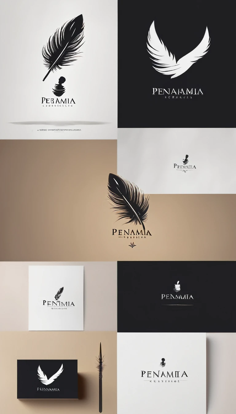 A minimalist, fantastic, poetic, dreamy, captivating, memorable, masterpiece, modern, simple logo design of a boy and a feather for the brand “Penamemoria". The logo must convey a sense of music, stories, memories and dreams. Minimalistic logo design of a boy and a feather.