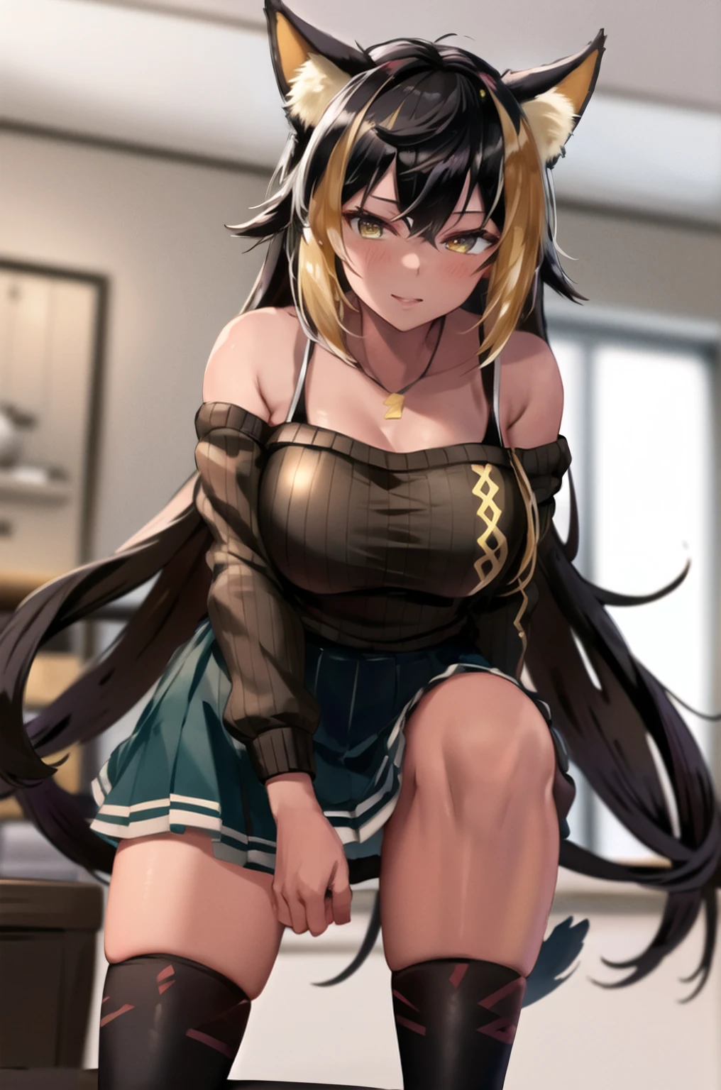 masterpiece, Highest quality, High resolution, hmnc1, Animal ears, tail, Dark Skin, Multicolored Hair, Black knee socks,Thighs,Off-the-shoulder sweater, Pleated skirt, Black Skirt, jewelry, necklace, Ribbed sweatshirt, clavicle, Cowboy Shot, Crouching,With legs apart,Satin panties are visible,Show off, indoor,Shame face,