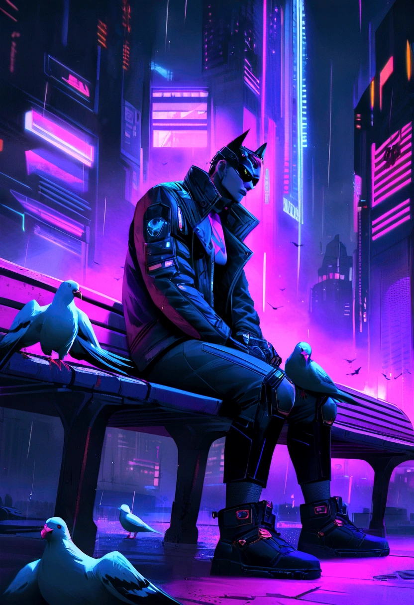 batman sitting on a bench in the rain with pigeons, cyberpunk aesthetics, zen méditation cyberpunk, cyberpunk samurai, cyberpunk aesthetic, cyberpunk batman, cyberpunk art style, aesthetic cyberpunk, cyberpunk vibes, cyberpunk knight, very beautiful cyberpunk samurai, cyberpunk in a cyberpunk city, in cyberpunk aesthetic, muted cyberpunk style, hyper-realistic cyberpunk style, cyberpunk themed art, dark cyberpunk