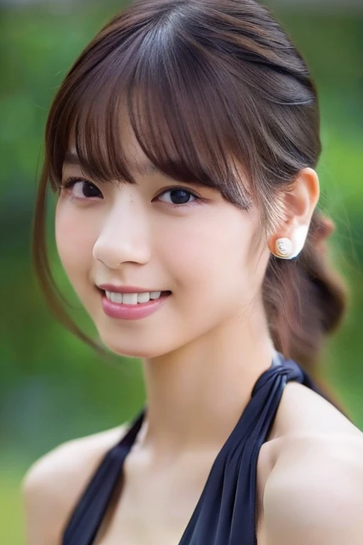 (8k, RAW photo, best quality, realistic, natural, ultra high res, super detail, ultra detailed, detailed skin, sharp focus,) woman, 20 years old, bangs, blurry background, ponytail, grey eyes, (photorealistic, realistic, solo, best quality, extremely detailed face, extremely detailed eyes and face, beautiful detailed eyes and hair, floating hair, seductive smile, erotic, sexy), revealing clothes, (open clothes, cleavage, cross halter bikini), upper body, seductive pose, seductively posing.