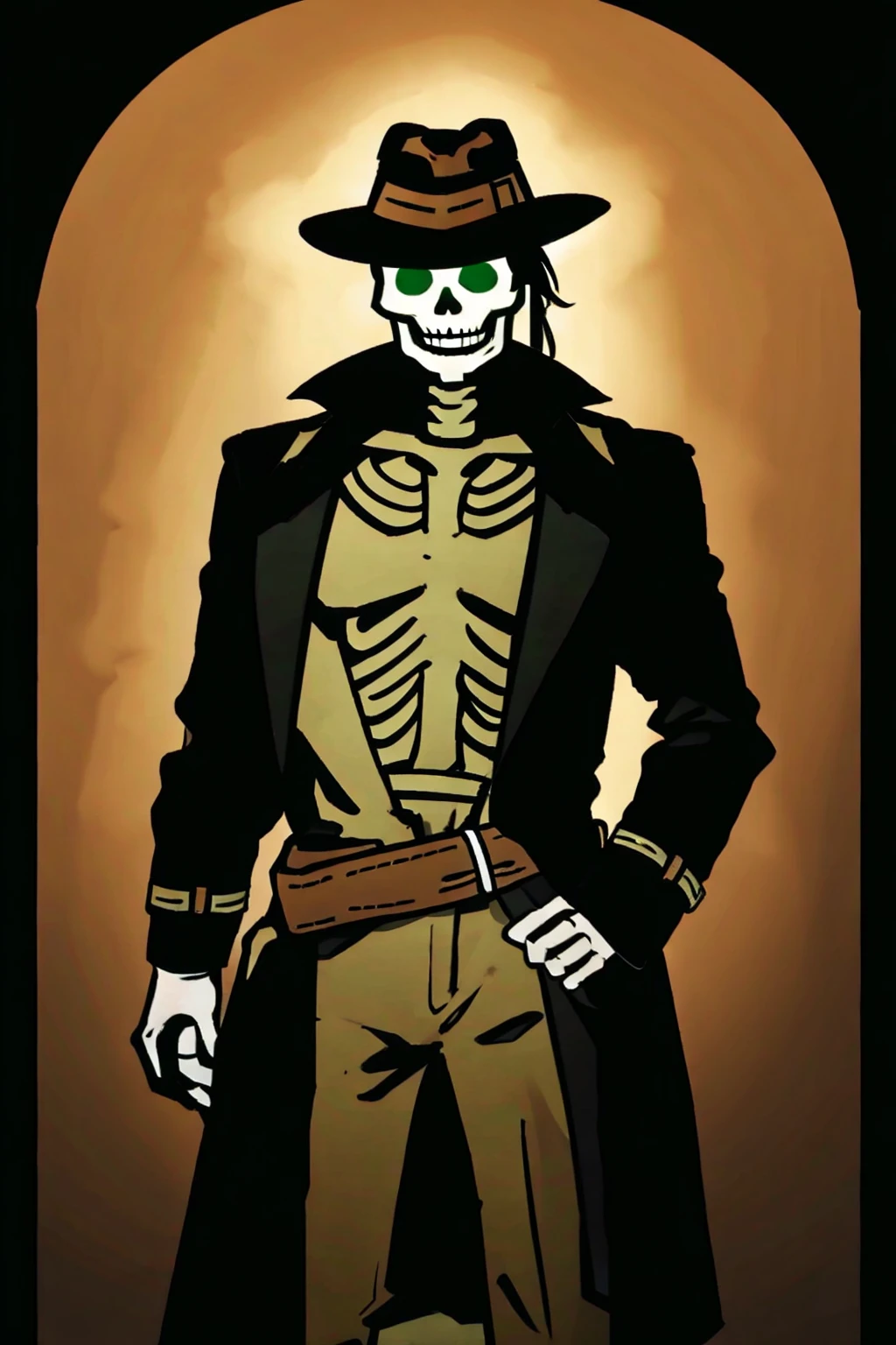 A skeleton wearing a brown trench coat, brown fedora, with green glow eyes, with medieval clothesstyle