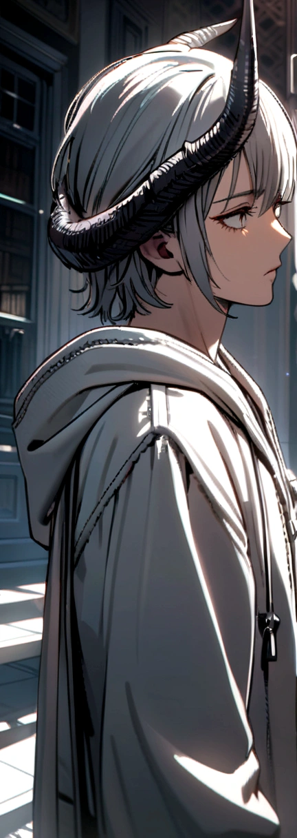 Boy, white, with gray hair, wearing a white hoodie, and black demon horns