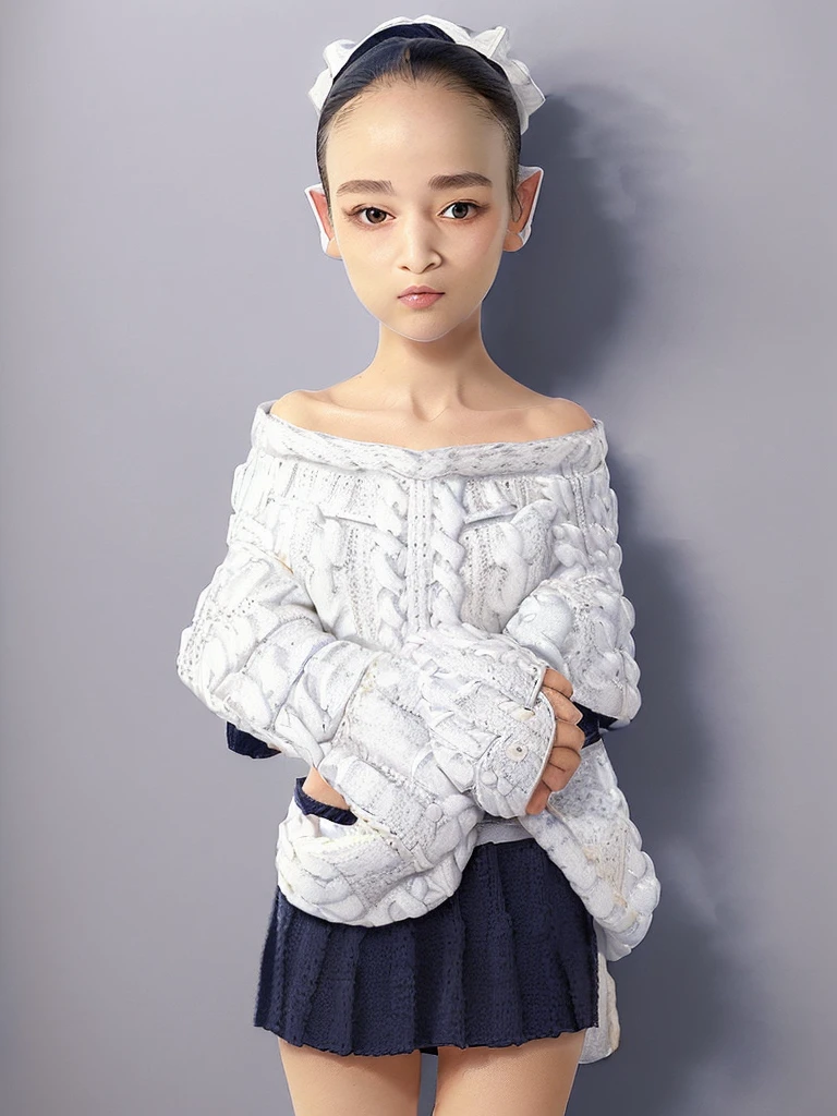 16K、22 year old Japanese woman、(Pure white off-the-shoulder knit long sweater:1.8)、(Plain navy blue mini skirt:1.8)、A very beautiful and symmetrical small face、(9-head small face:1.8)、Big and beautiful eyes、Beautiful, large, firm breasts that don't sag、bare clavicle、Naked shoulders、Deep cleavage、(Super long and lustrous straight hair that reaches down to the waist:1.8)、(Brown Hair:1.8)、(Long and slender legs:1.8)、(She looks at the viewer with her beautiful eyes and a genuine expression of adoration.:1.8)、(Always be alone in the photo:1.8)、(One girl:1.8)、(No anatomical abnormalities:1.8)、(Only one person is in the picture:1.8)、(One girl:1.8)、