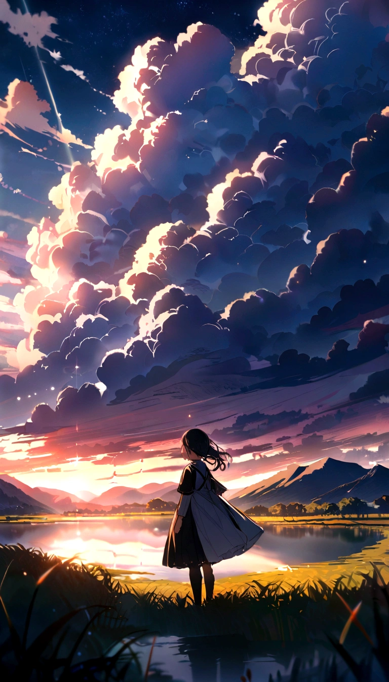 , river, Beautiful sunset, Big Clouds, Green Grass, Sad mood, Stars can be seen through the clouds, space, A ray of sunlight illuminates the world, masterpiece, Mountain々