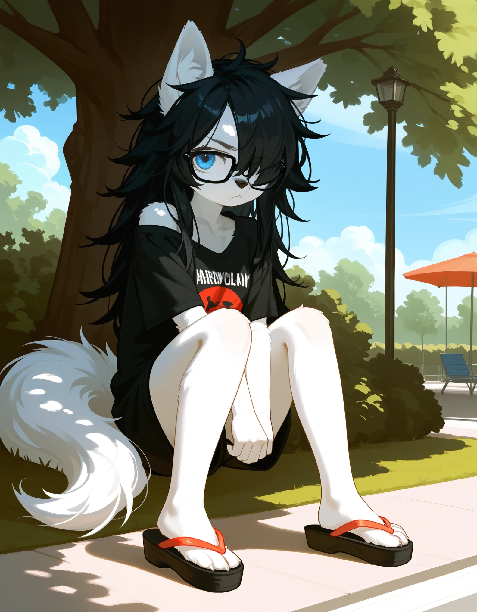 Solo, score_9,score_8_up,score_7_up, a young nerdy Anthro furry wolf woman, wolf snout, white furry body, tall body, long black messy hair, black hair, (hair in a pony tail):1.3, hair covering one eye, black glasses, blue eyes, white wolf ears, small breasts, wearing oversized red t shirt, exposed shoulder, black boy shorts, outdoors, at a park, pouting, sitting under a shady tree, wearing flip flops, feet paws, 4 toes, 