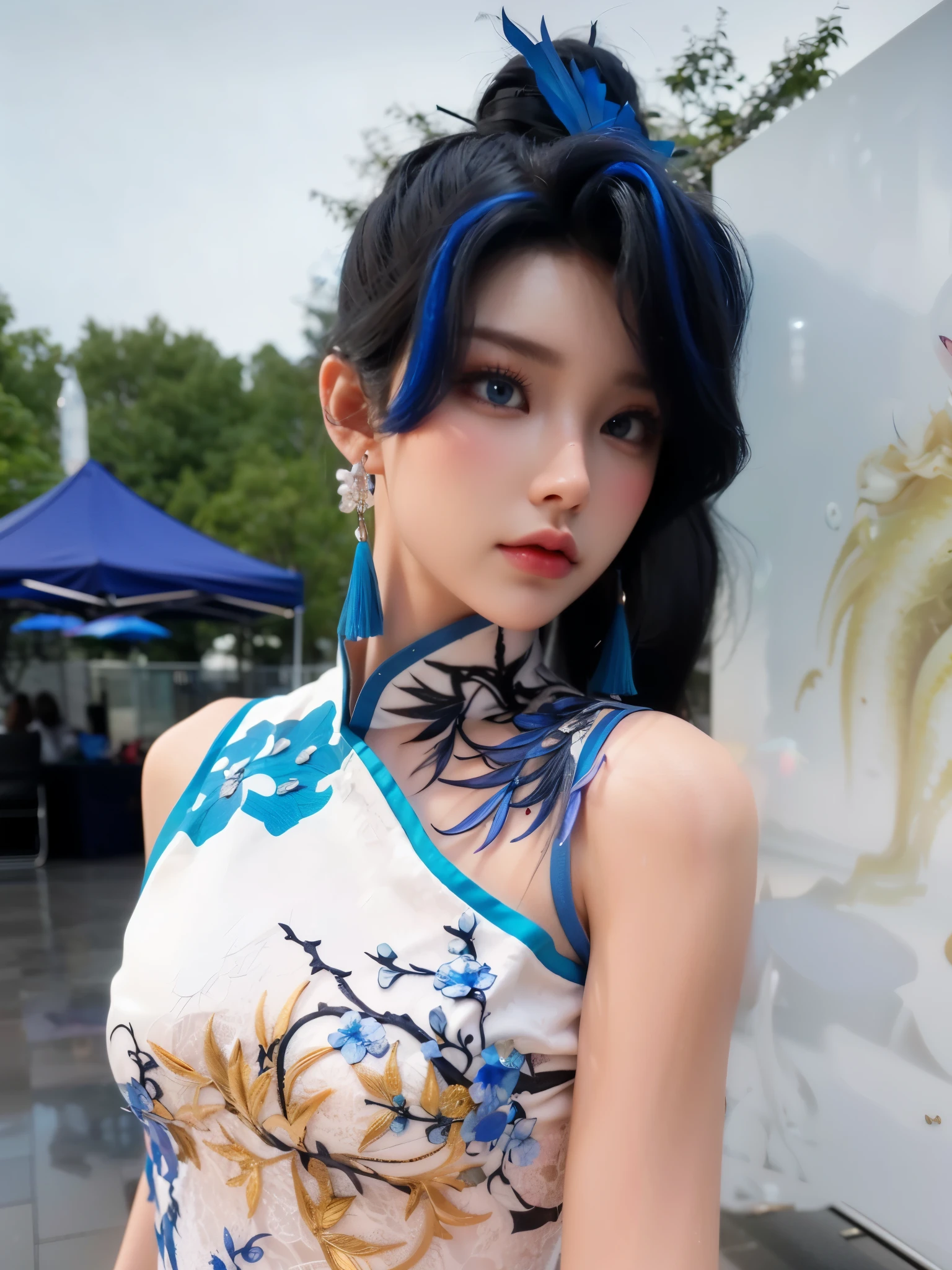 Game Art，Best image quality，Maximum resolution，8K，(A half-length photo)，(portrait)，(Head close-up)，(Rule of Thirds)，Unreal Engine 5 rendering works，20 year old girl，((Queen))，The eyes are very detailed，(Large Breasts)，Elegant and noble，Light，Light线追踪，Game CG，((3D Unreal Engine))，OC rendering reflection mode，4K，Ultra-clear，Sensual，Translucent lace，Fair and plump figure，Pretty Face，Light泽凝胶涂层，身着华贵礼服的Queen，Crystal Gem Crown，Necklace jewelry，blue eyes，The tattoo is very three-dimensional，Gorgeous and intricate tattoo designs，Ultra-clear portrait，Sexy body，Temple Princess，Sapphire eyes，Blue and white porcelain cheongsam