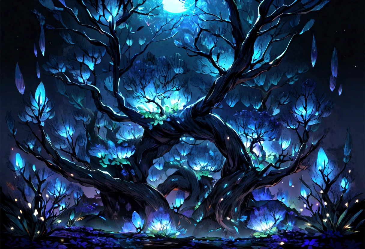 Beautiful biome with mostly dark blue colors and bioluminescence of the night