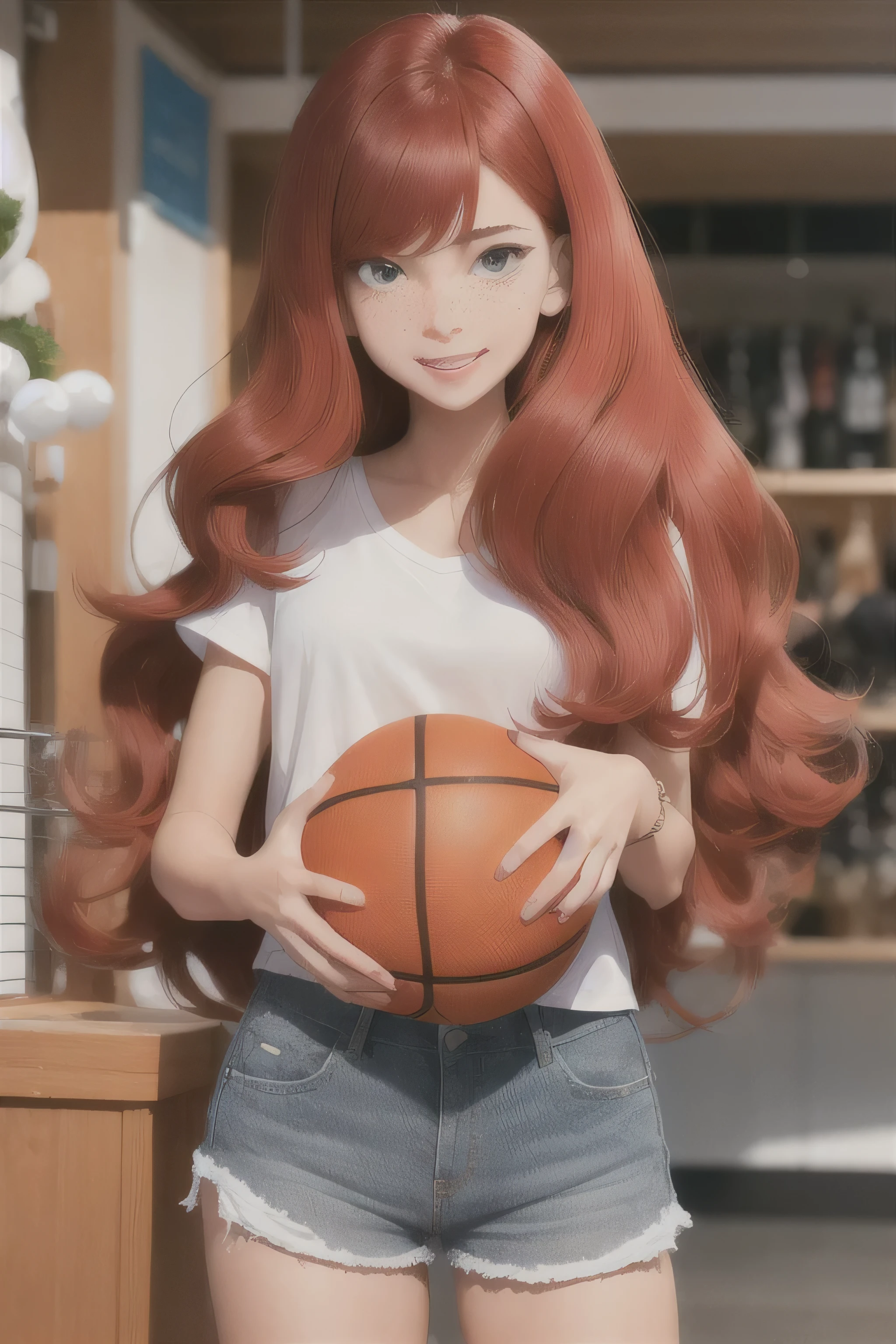 girl, 1.65 m, physique: slim, tall, athletic. Hair: red, long and wavy. Eyes: light blue. Skin: white with freckles. Wearing denim shorts and a plaid blouse. With a grimace. Holding a basketball.