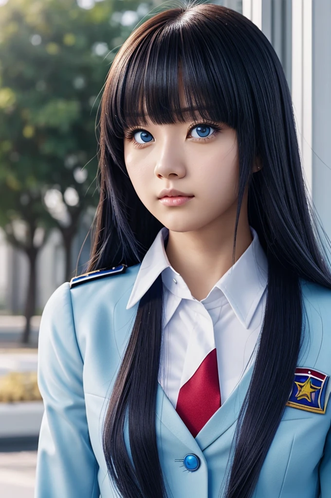 Screenshot of my hero academia anime version.long straight hair girl with korean bangs, medium light blue eyes, clear skin, with the uniform of my hero women's training academy