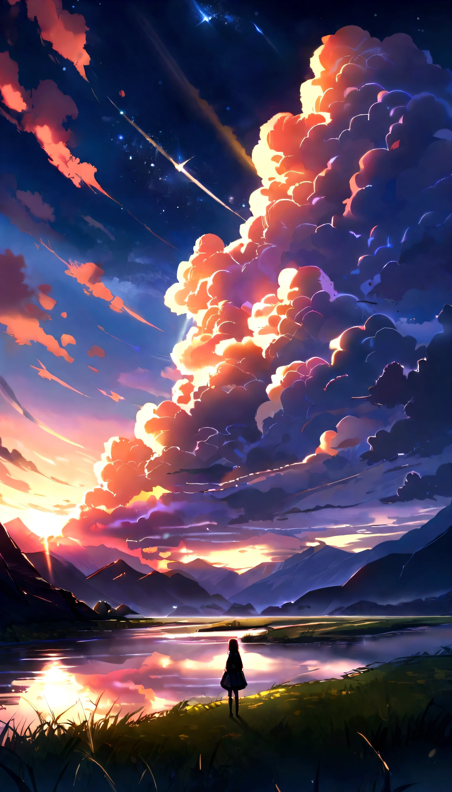 Anime girl looking at the sunset with a mountain in the background ...