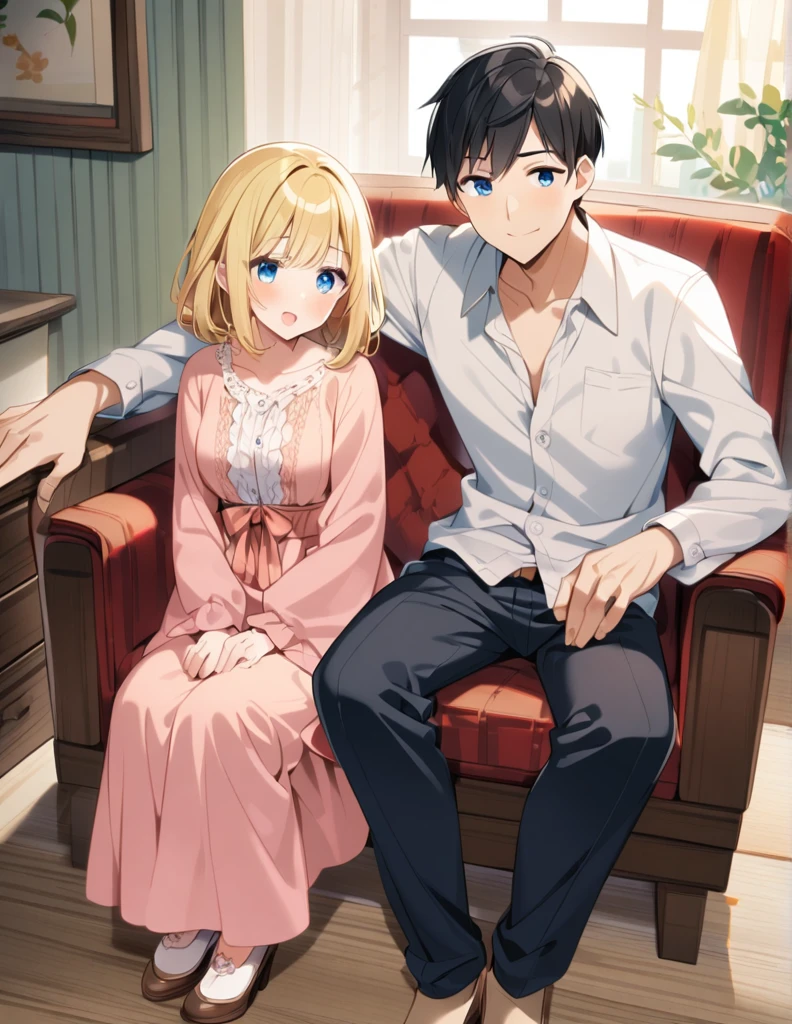 1 man, Black hair and blue eyes,1 Women, Blonde hair and blue eyes, married couple, in a house sitting in furniture chair
