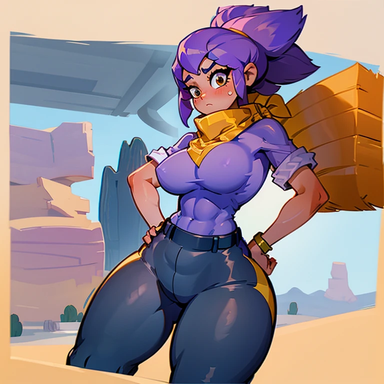Sexy girl, lean, thick thighs, biceps, ripped abs, purple tunic, big breasts, wearing pink baggy trousers, blushing , gold belt, huge hips, sexy body, lots of freckles, tan, sexy face, hot face , beautiful face, perfect sleepy eyes, wearing black straps on baggy trousers, sweaty abs, sexy figure, adult, sexy, huge hips , wearing purple scarf, pink bikini top, short girl, standing ,sexy body , wearing many neckless, holding trousers up, wide body, holding hips, long hair, perfect arms, brown eyes, looking down, very sweaty, sweating, very tired, in the sandy desert, exhausted, sexy, abs bursting out, tanned, 6 pack abs, silver belt, 1 girl, biceps, brown eyes, wearing tunic , long scarf, gold bracelets on arms, really thick