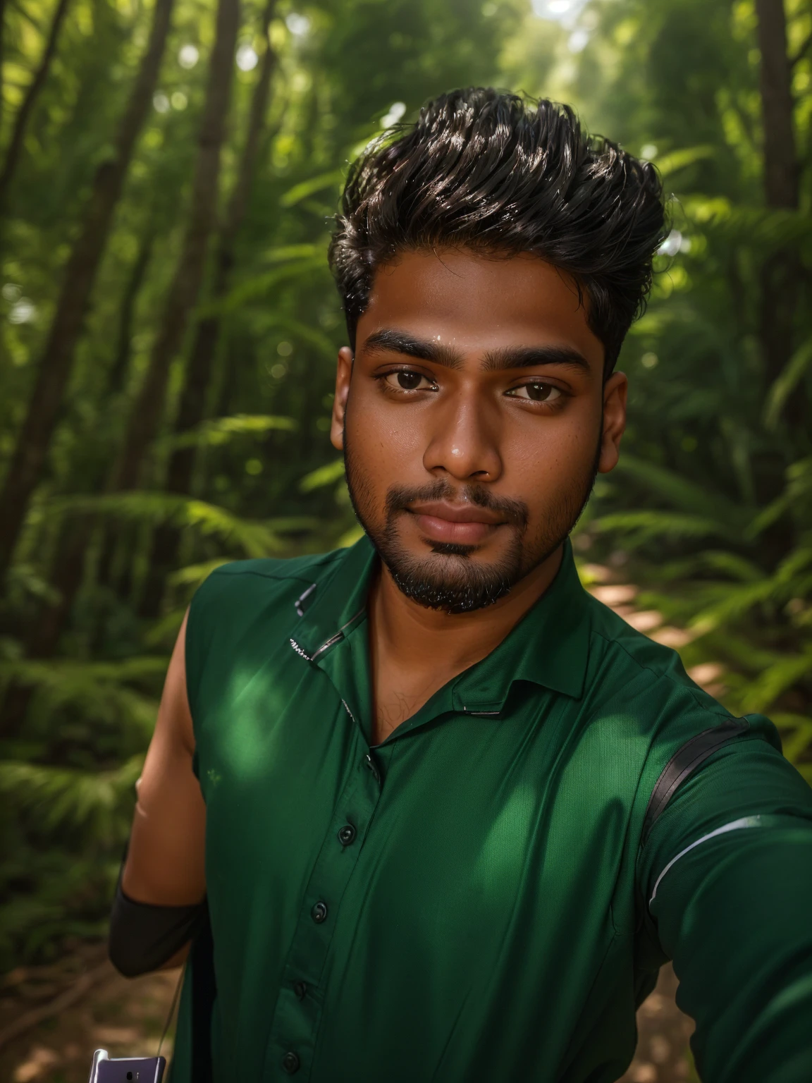 there is a man that is taking a selfie with his cell phone, with accurate face, 8k selfie photograph, without helmet, jayison devadas, without beard, ayan nag, in front of a forest background, around 1 ***********, good looking face, candid picture, front profile!!!!, jayison devadas style, selfie photo, assamese aesthetic