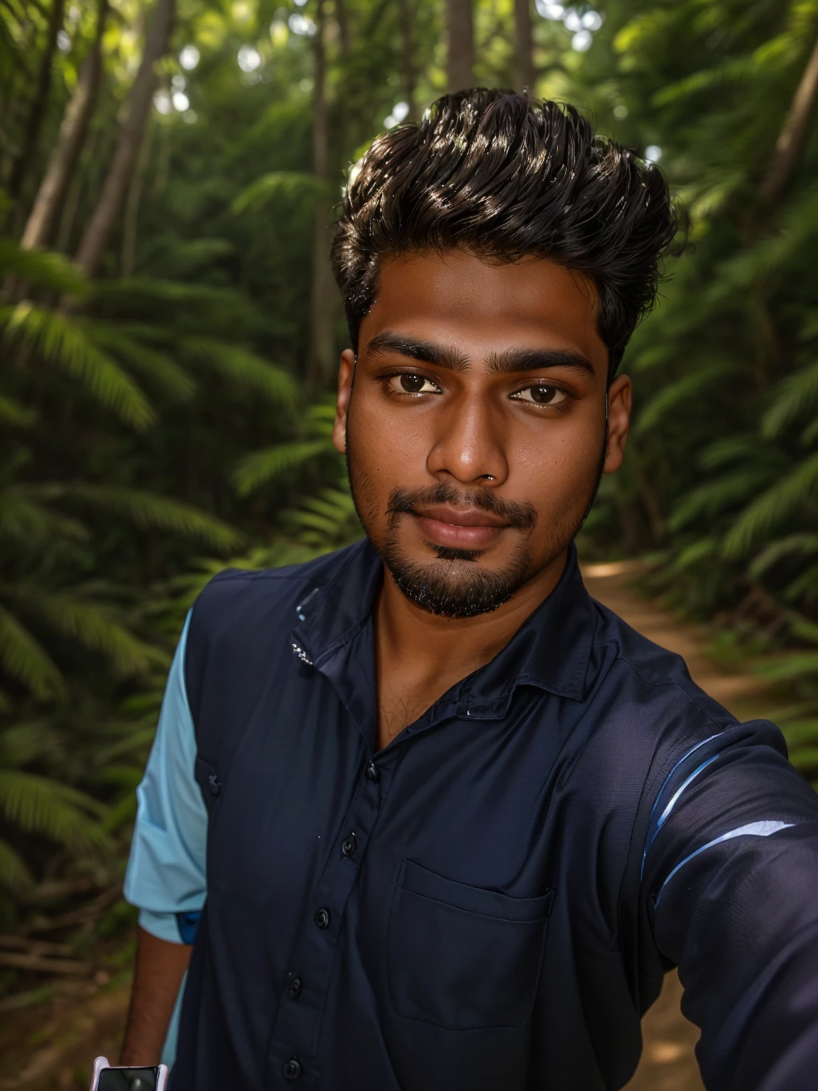 there is a man that is taking a selfie with his cell phone, with accurate face, 8k selfie photograph, without helmet, jayison devadas, without beard, ayan nag, in front of a forest background, around 1 , good looking face, candid picture, front profile!!!!, jayison devadas style, selfie photo, assamese aesthetic