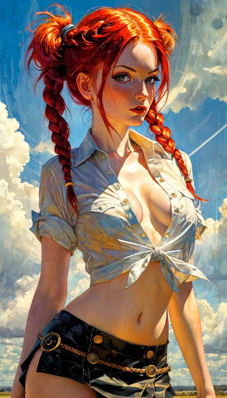 Sexy girl in clockworld theme,, best quality, ultra detailed, illustration, 1 girl, twin braided red hair, open shirt, sunlight, cloudy sky, small breasts, microskirt, great detail surroundings, short shirt, crop top ( art inspired by Bill Sienkiewicz). oil painting)