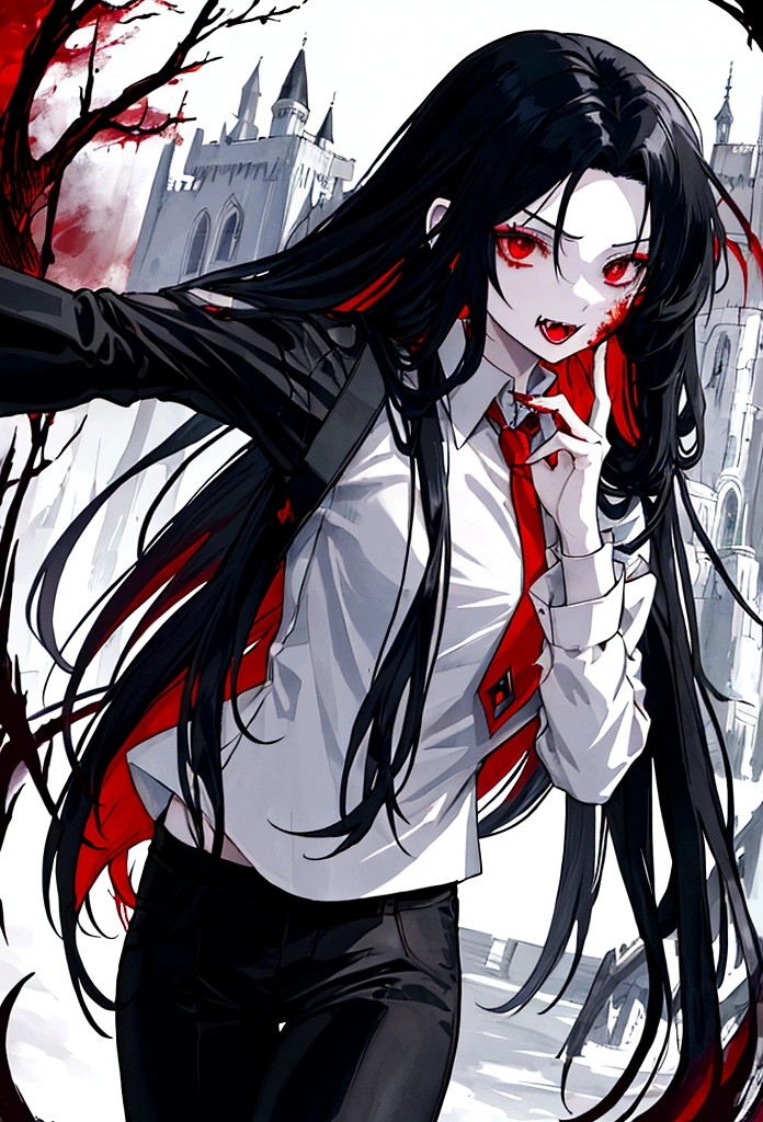 A mysterious and captivating anime-inspired illustration of a young vampire girl with long black hair, red eyes and vampire fangs, with blood dripping from her mouth. She has exceptionally fair skin and a sinister expression. Dressed in a white shirt and black pants, she is in a castle. The background shows a dimly lit and misty landscape with an anime-style cityscape in the distance, evoking the nostalgic aesthetic of the 90s., anime, dark fantasy