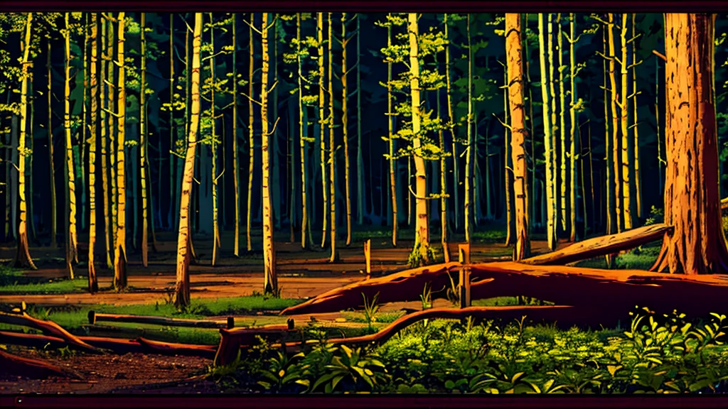 forest with a tree stump on the ground at night