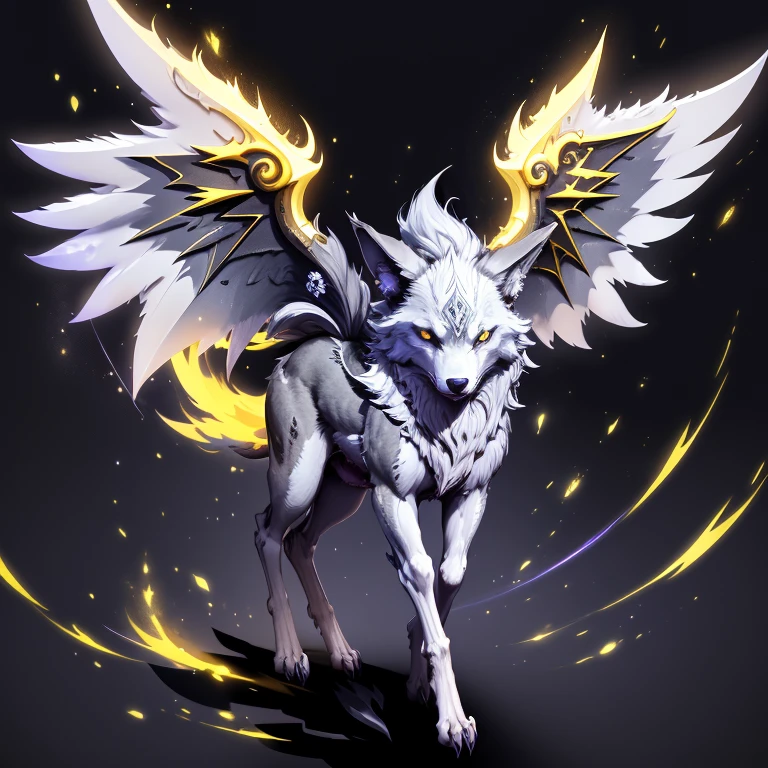 (1 wolf) full body, a white eyed dark gray carbuncle, with four winged pointy ears with dark lightning energy, light yellow feathered wings, dark lightning energy around, black lightning background