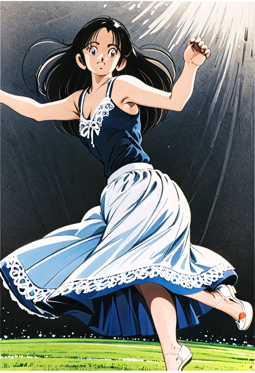 音無響子制服のLong skirt、The color is dark blue、
Low - Angle、制服のLong skirt、The color is dark blue、
Low - Angle、Long skirt、Hold down your skirt that is being blown up by the strong wind、Anime white panties in a strong wind、Crotch is visible
ローレグのパンツ、Color: White、
Crotch is visible、
、Lined、White lace lining、
