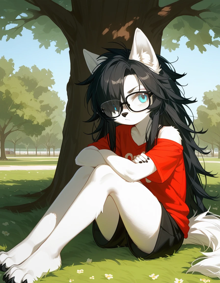 Solo, score_9,score_8_up,score_7_up, a young nerdy Anthro furry wolf woman, wolf snout, white furry body, tall body, long black messy hair, black hair, (hair in a pony tail):1.3, hair covering one eye, black glasses, blue eyes, white wolf ears, small breasts, wearing oversized red t shirt, exposed shoulder, black boy shorts, outdoors, at a park, cutely pouting, sitting under a shady tree, feet paws, 4 toes, grassy floor, legs sprawled out across the floor, arms crossed, leaning against a tree,