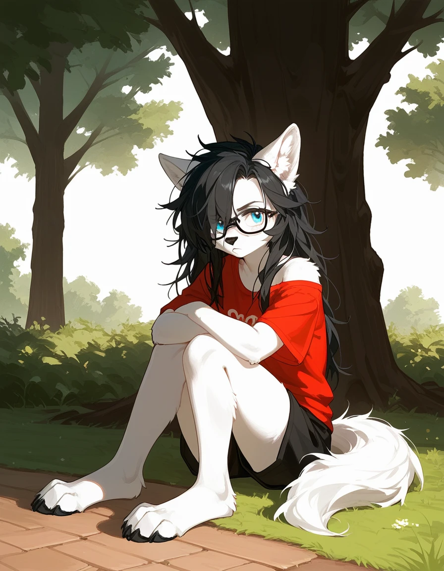 Solo, score_9,score_8_up,score_7_up, a young nerdy Anthro furry wolf woman, wolf snout, white furry body, tall body, long black messy hair, black hair, (hair in a pony tail):1.3, hair covering one eye, black glasses, blue eyes, white wolf ears, small breasts, wearing oversized red t shirt, exposed shoulder, black boy shorts, outdoors, at a park, cutely pouting, sitting under a shady tree, feet paws, 4 toes, grassy floor, legs sprawled out across the floor, arms crossed, leaning against a tree,