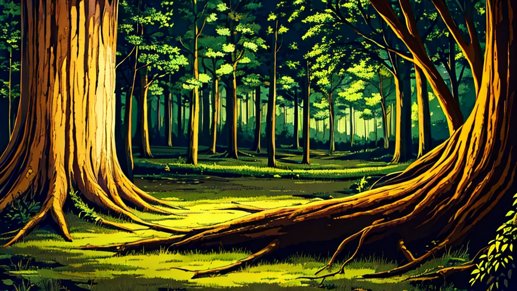 forest with a tree stump on the ground at night