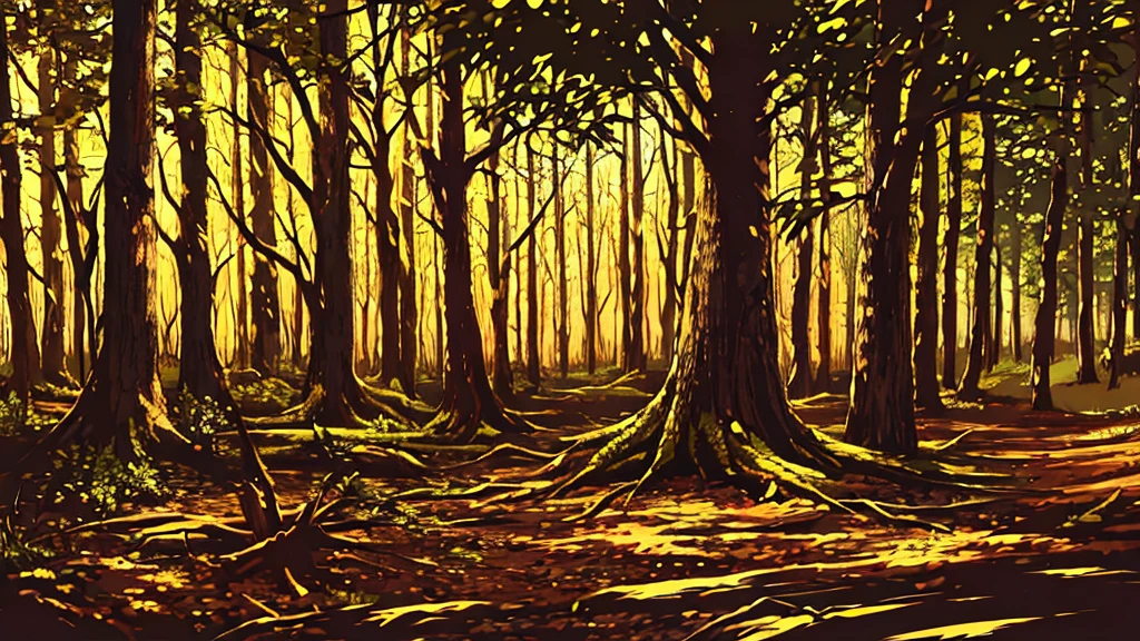 forest with a tree stump on the ground at night