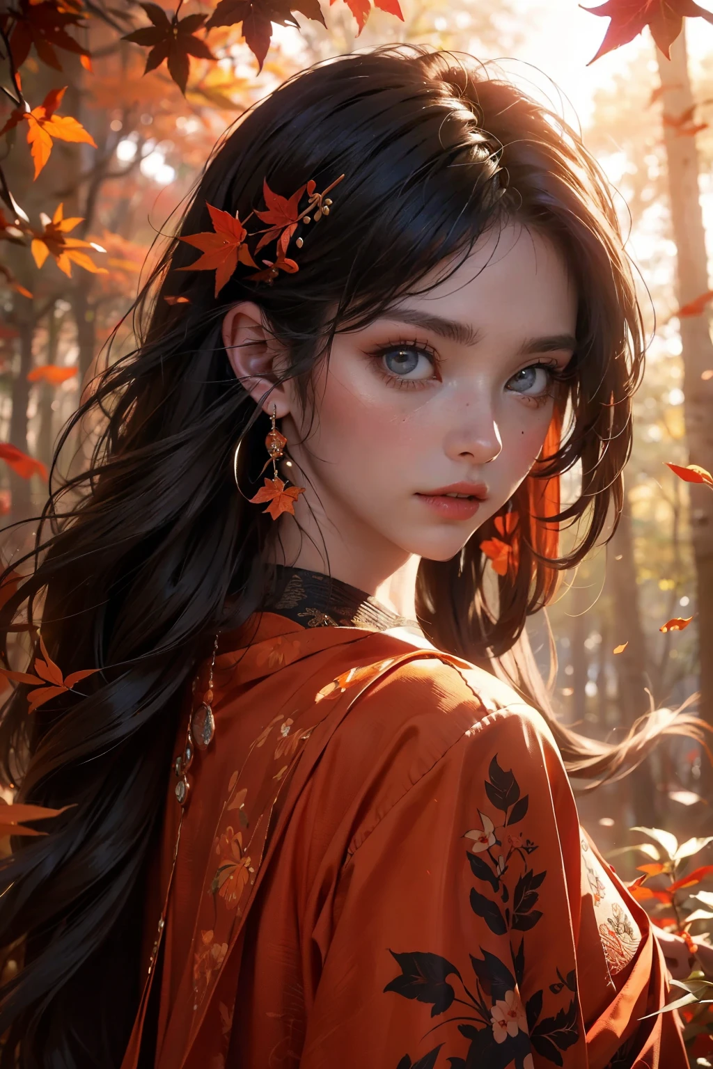 Create an ultra-detailed and best-quality fantasy masterpiece. Illustrate a stunning wood faerie standing in the heart of a magical forest. The scene should feature detailed leaves in vibrant oranges and reds floating through the air, swirling in a strong gust of wind. The faerie's eyes are the focal point, and they should be exceptionally beautiful, realistically detailed, and interesting, with complex and colorful patterns. Her attire should consist of soft, autumnal hues, made of flowing silk that moves gracefully with the wind. Use a dynamic composition and cinematic lighting to enhance the image's appeal. The image should include beautiful eyes, puffy lips, orange leaves, red detailed leaves, hazy rays of light, wind, and a sense of col