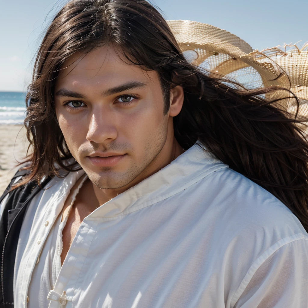 Ultrarealistic portrait high resolution 16k close up of white european man black straight hair, brown eyes, young age. high brightness, high saturation, high contrast, high sharpness. Background of the image being a beach landscape with sunny blue sky.