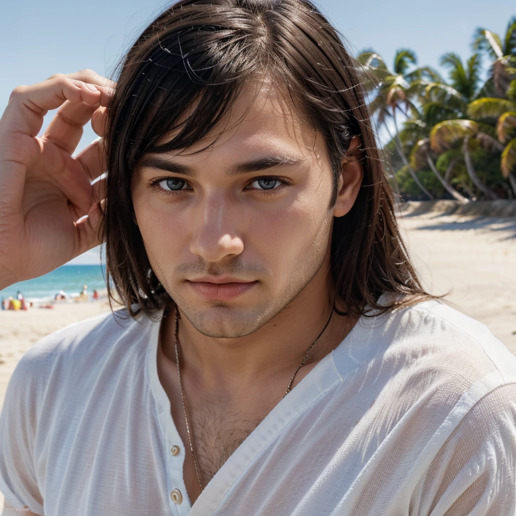 Ultrarealistic portrait high resolution 16k close up of white european man black straight hair, brown eyes, young age. high brightness, high saturation, high contrast, high sharpness.  Background of the image being a beach landscape with sunny blue sky.