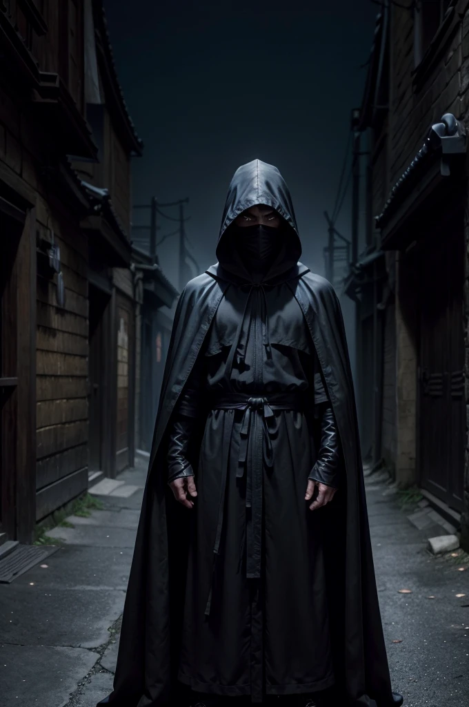 arafed hooded man in a black robe standing in a dark alley, wearing dark robe, hooded cloaked sith lord, wearing dark robes, wearing a black robe, wearing black robe, mystic ninja, wearing black sith robes, samurai jedi, dark flowing robe, cyberpunk samurai, dark robe, artwork in the style of guweiz